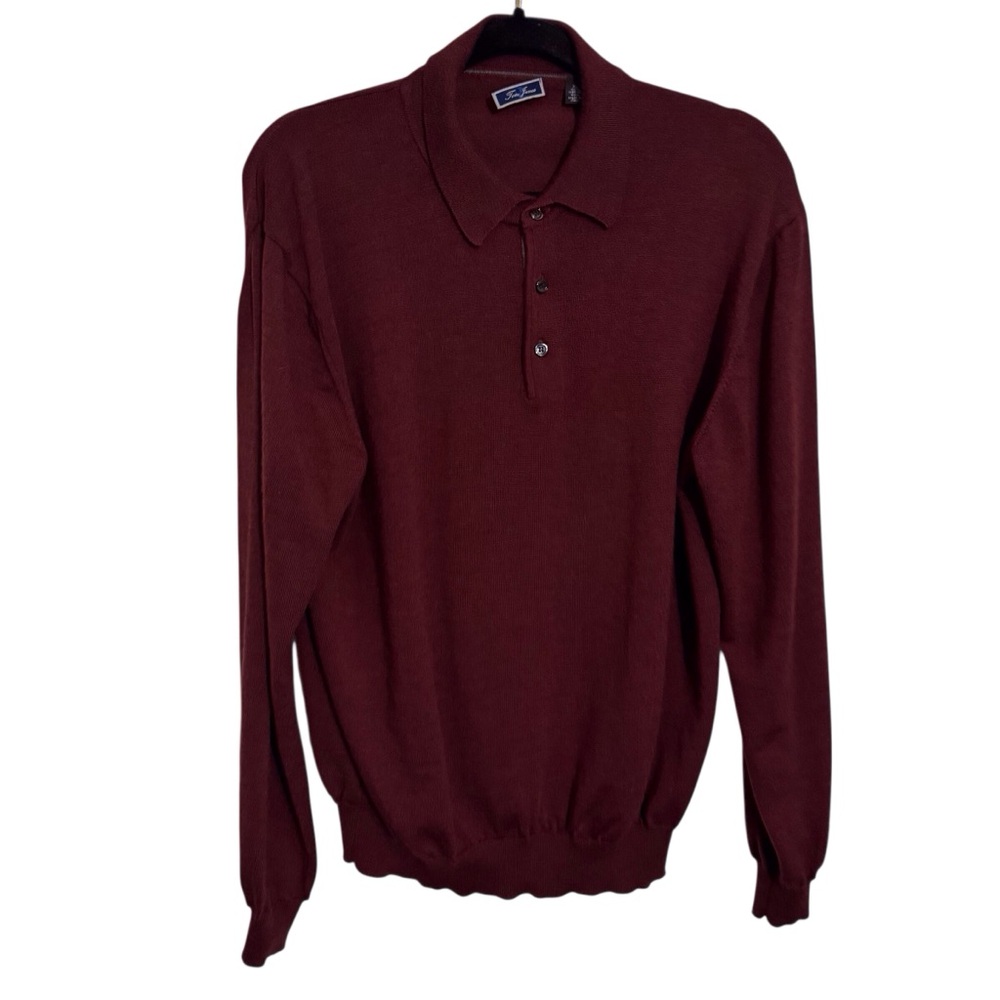❌❌❌❌❌❌❌Tom James Mens Size X-Large Burgundy Merino Wool Polo Sweater Long Sleeve
